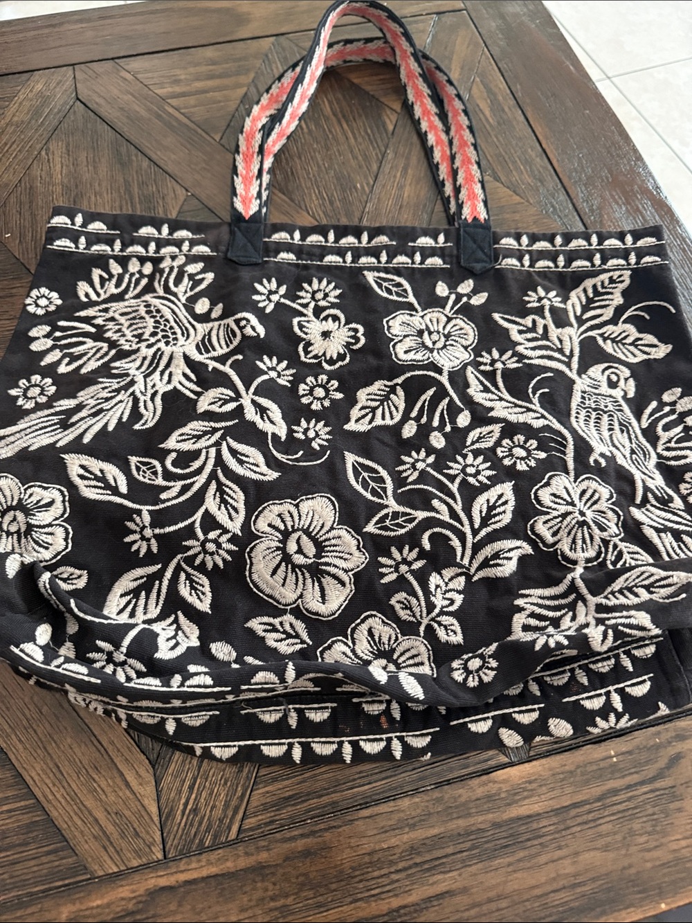 Johnny Was Abigail Everyday Tote Black Linen Embroidered Floral Bird Boho